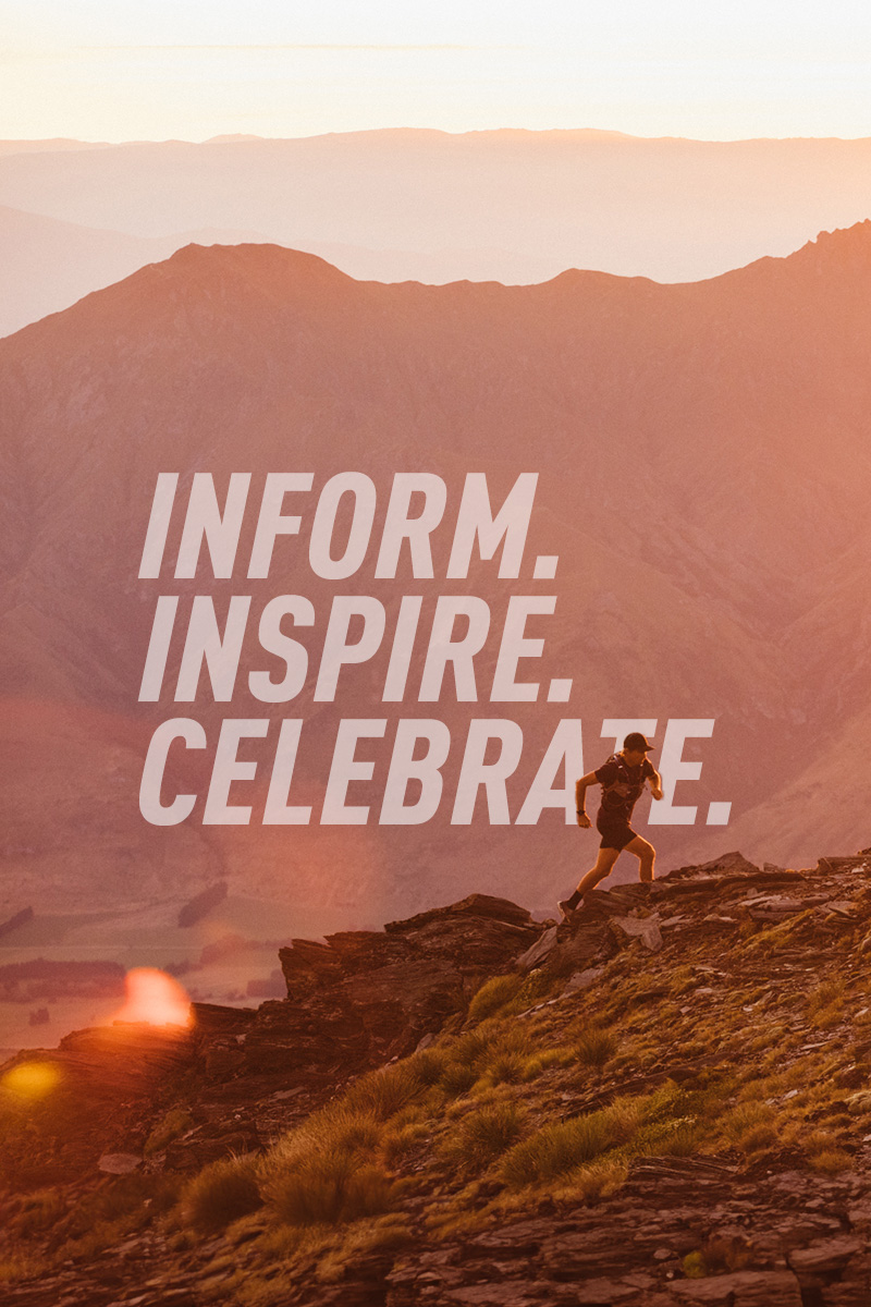 Runner going up a trail with the words "Inform. Inspire. Celebrate" behind him.